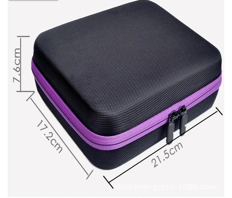 Red EVA essential oil storage cube bag with 30 compartments for 15ml bottles, showing zipper and compact design