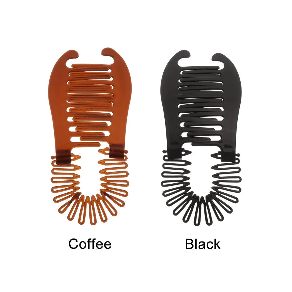 Retro fish-shaped plastic hair claw clip with metal crab clip, 13.5cm, black or brown, adjustable band