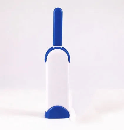 Reusable pet hair removal brush with double-sided roller and self-cleaning base