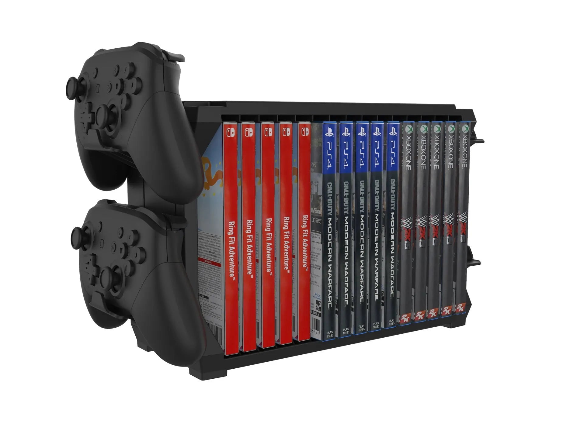 Black ABS PS5 and Xbox Series X game disc holder with controller storage compartment
