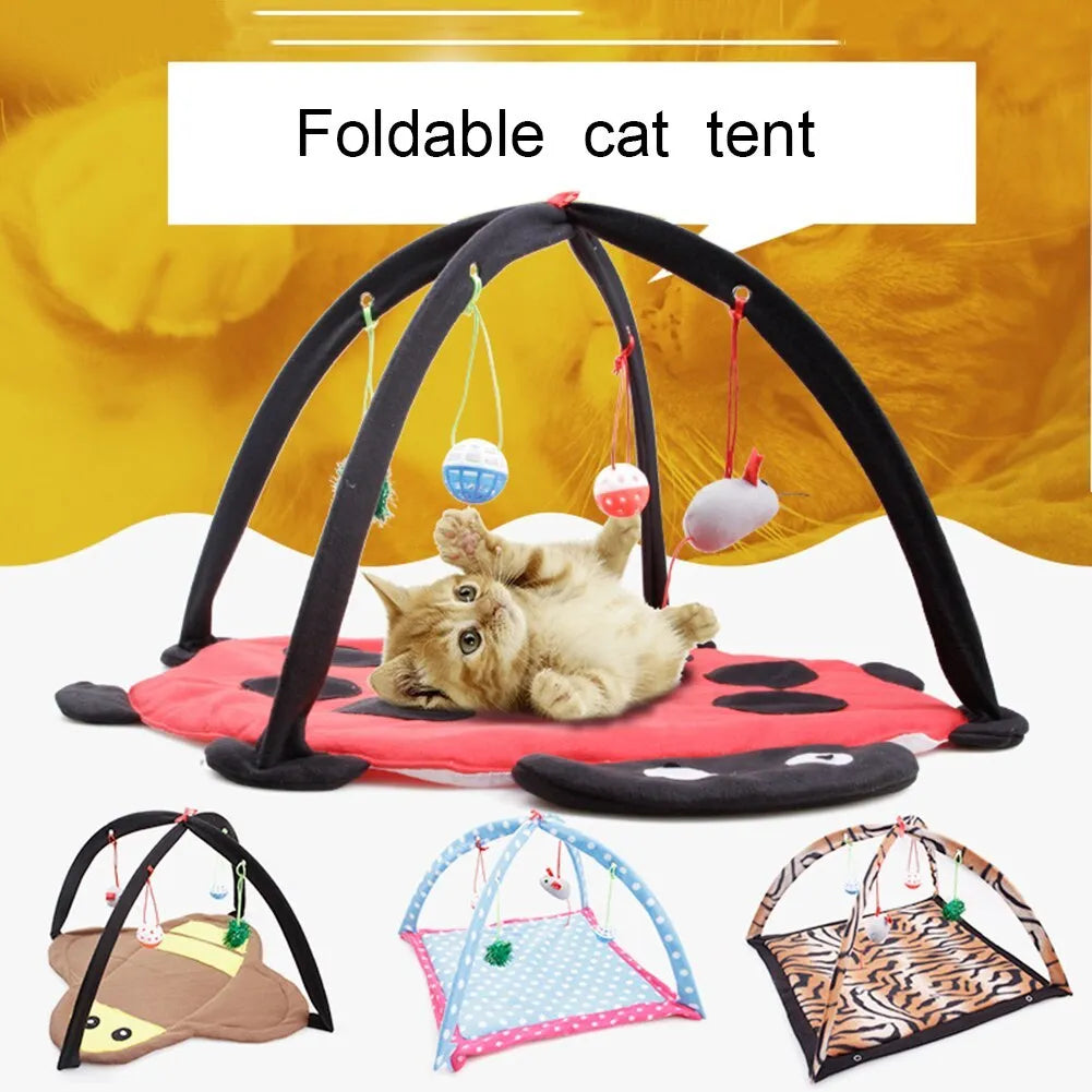 Cartoon cat play tent in bee pattern, foldable fleece hammock with two balls for kittens