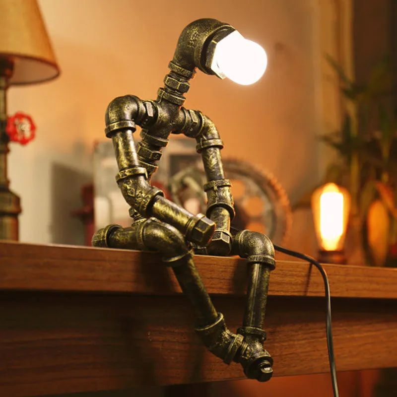 Robot Table Lamp vintage industrial desk light with iron pipe design green bronze finish