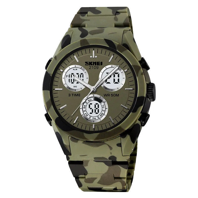 Electronic casual watch with a resin mirror and TPU strap, shown in Army Green camouflage colour.