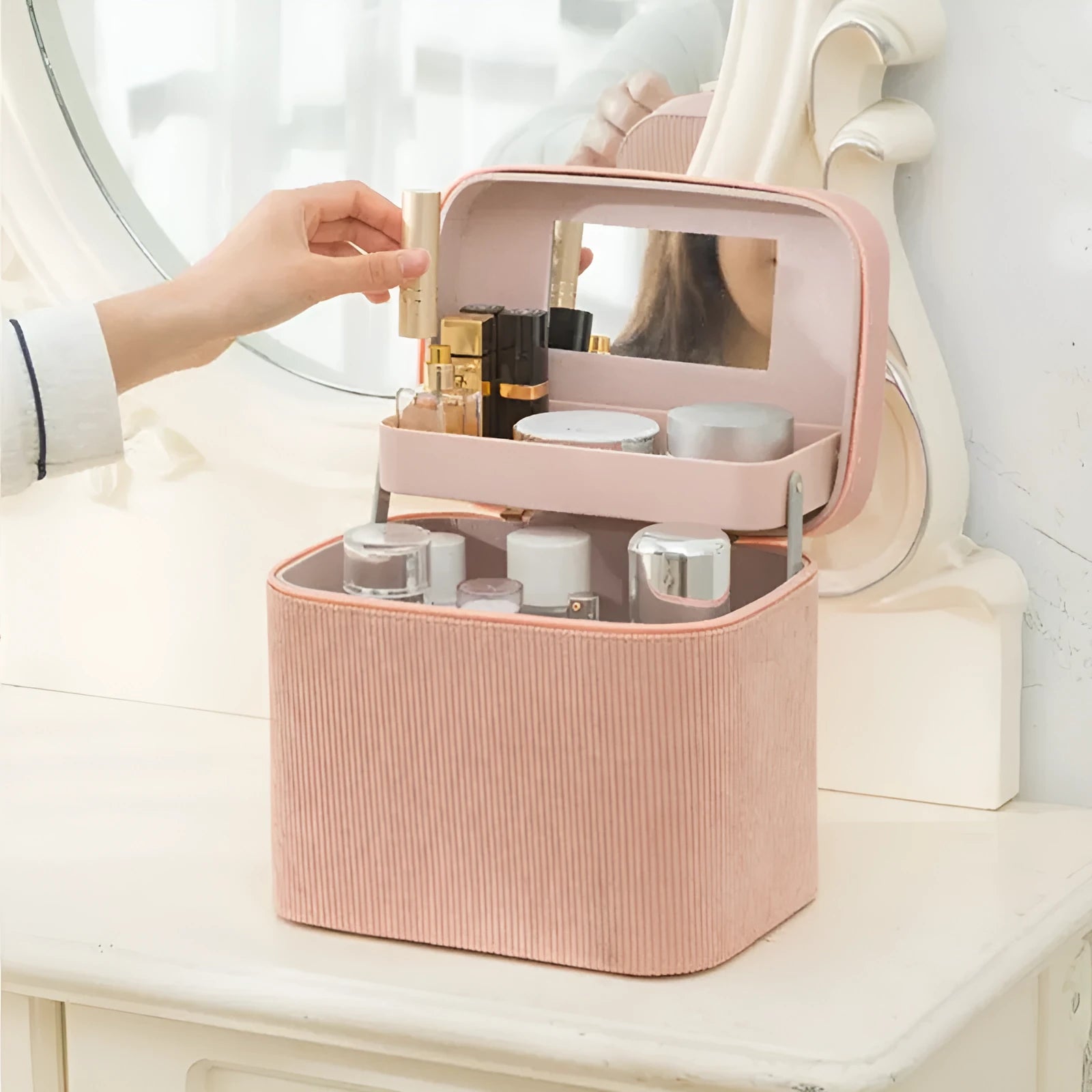 Corduroy cosmetic storage box with large capacity for home organisation in multiple colour options