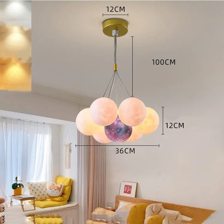 Nordic style bubble moon bedroom chandelier with gold iron body and spherical PMMA lampshades