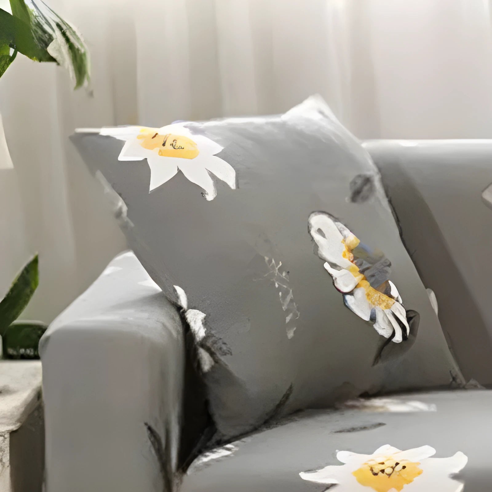 Geometric print polyester sofa slipcover stretched over sofa with matching pillowcase