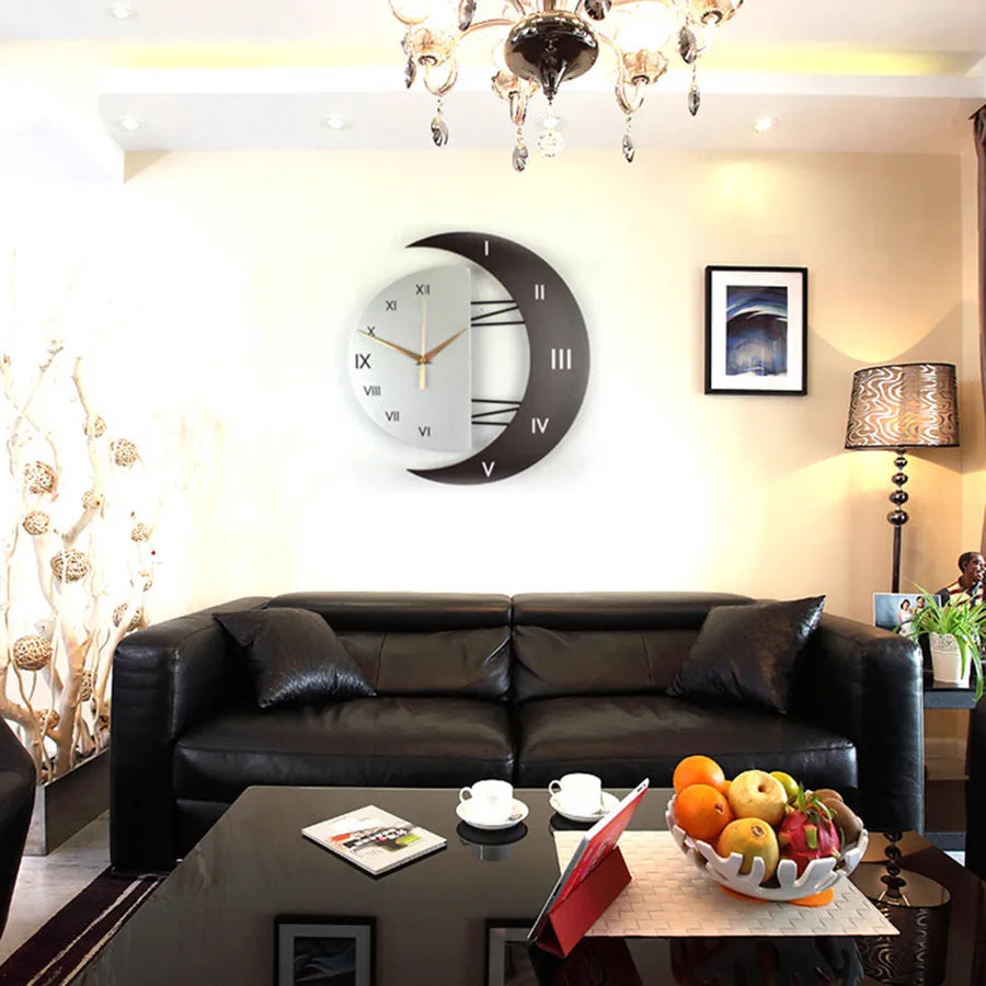 Round wooden MDF wall clock with 24-hour indication, sweep movement, Arabic numerals, and a white face with black hands.