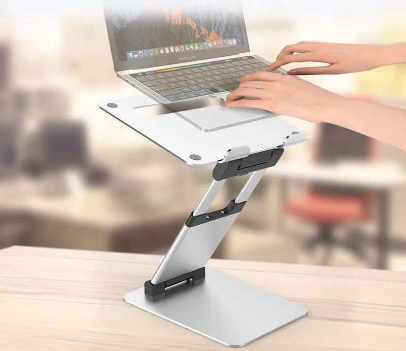 Silver folding double-arm stepless laptop stand for 17 inch notebooks on a desk