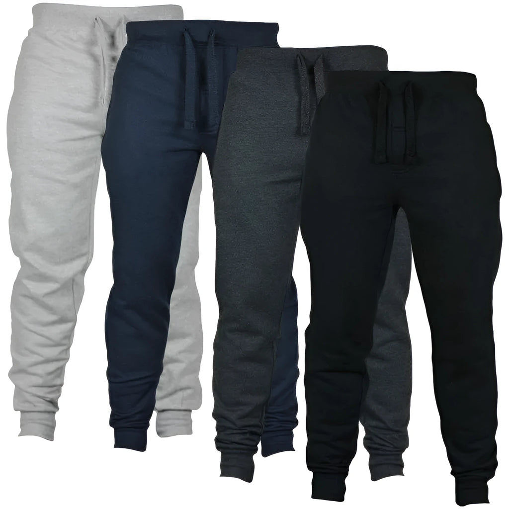 Men's solid colour cotton fleece casual pants with a drawstring waist and flat front in a loose, full-length fit.