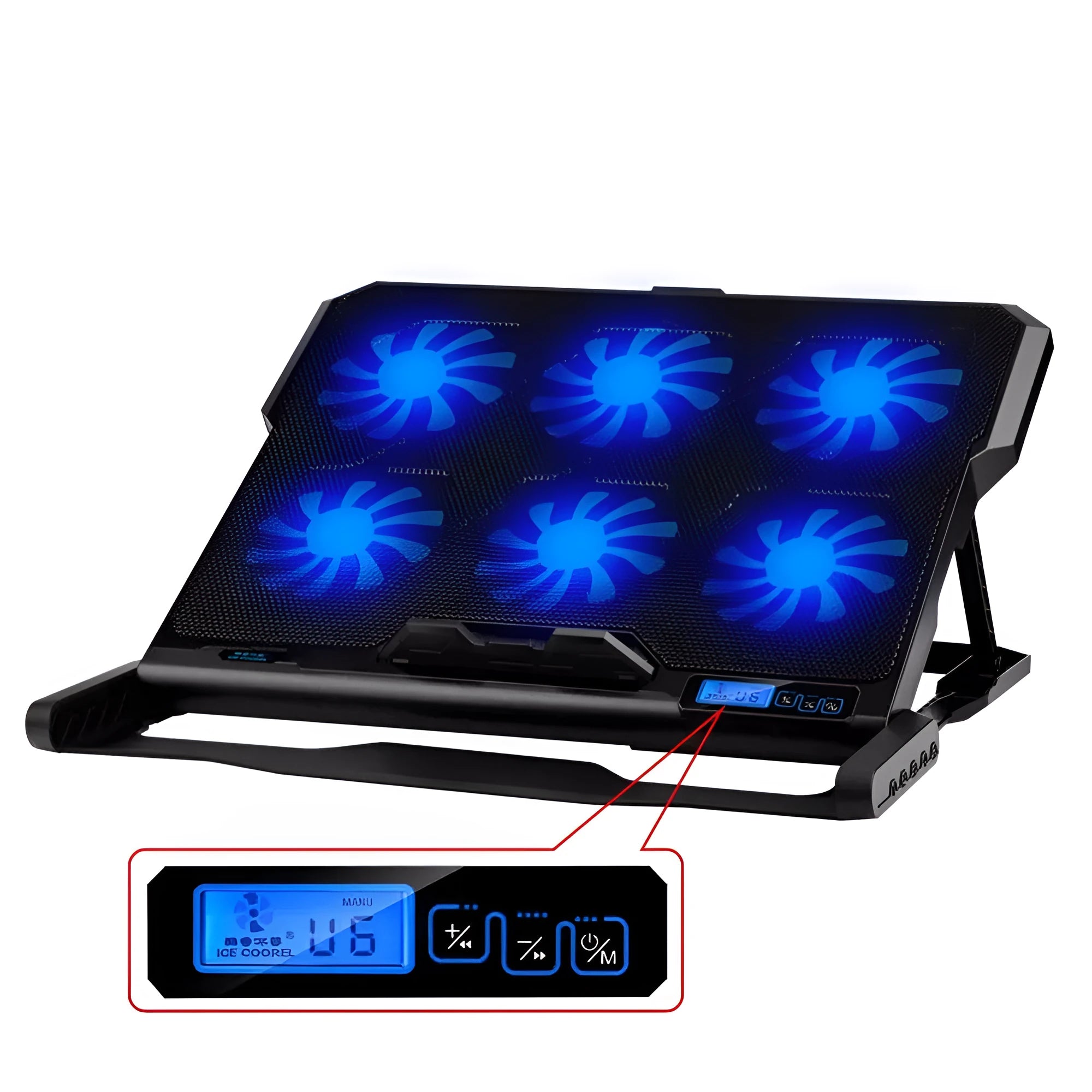 Metal mesh laptop cooling board with LCD speed control display in black colour