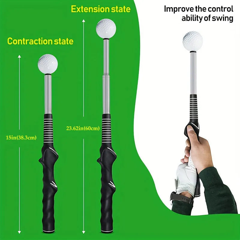 Telescopic golf swing training aid in stainless steel available in three colours