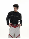 Men's black slim-fit mesh long-sleeve bottoming shirt laid flat, showing texture.