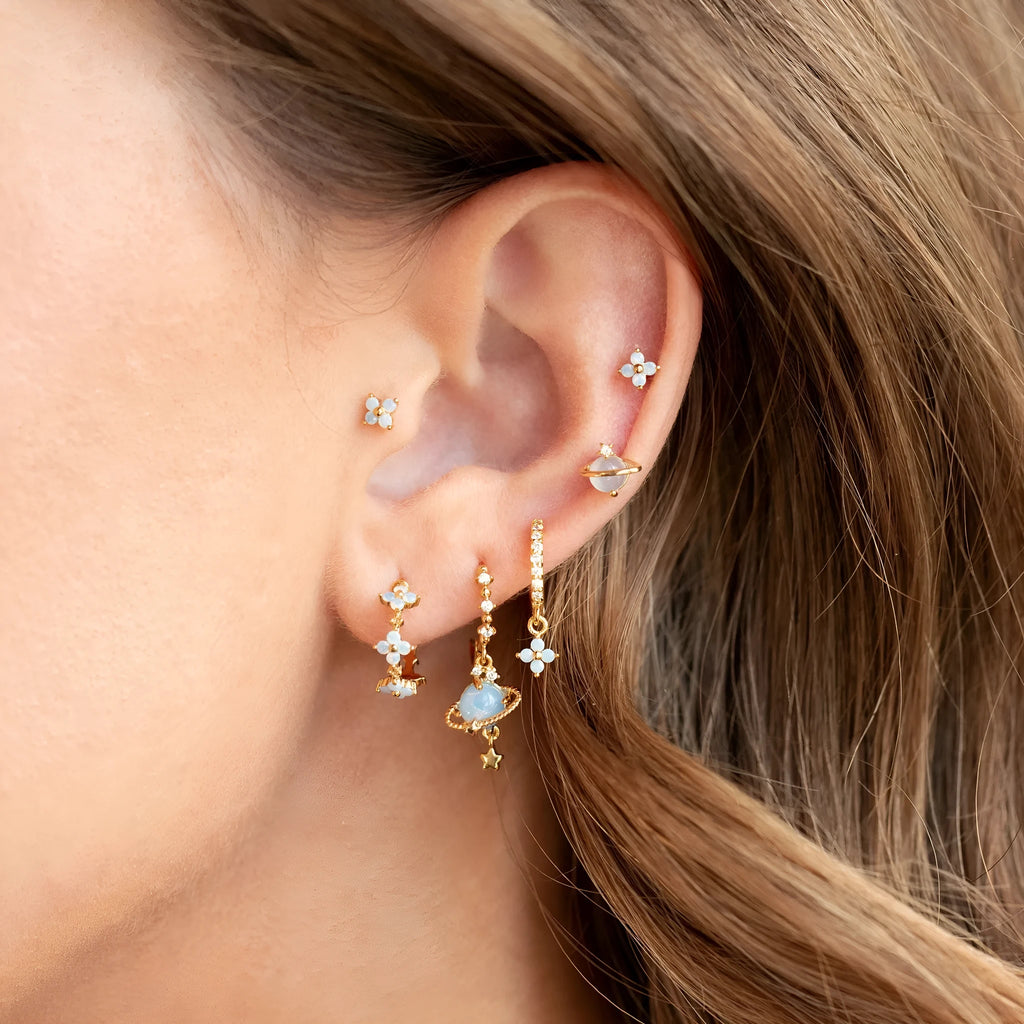 Gold or silver flower ear studs with zircon mosaic centre detail geometric design