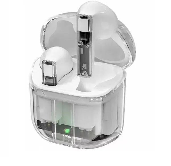 Transparent case true wireless Bluetooth earphones showing digital display with black, white, blue, green, and peach colour options