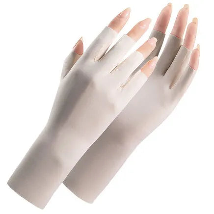 Women's thin ice silk sun gloves in various colours showing UPF50+ protection for driving and cycling.