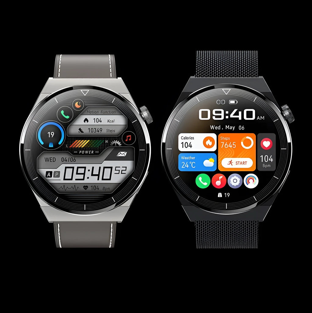 Round Android smart watch with black silicone strap showing Bluetooth calling and NFC access functions on its screen.