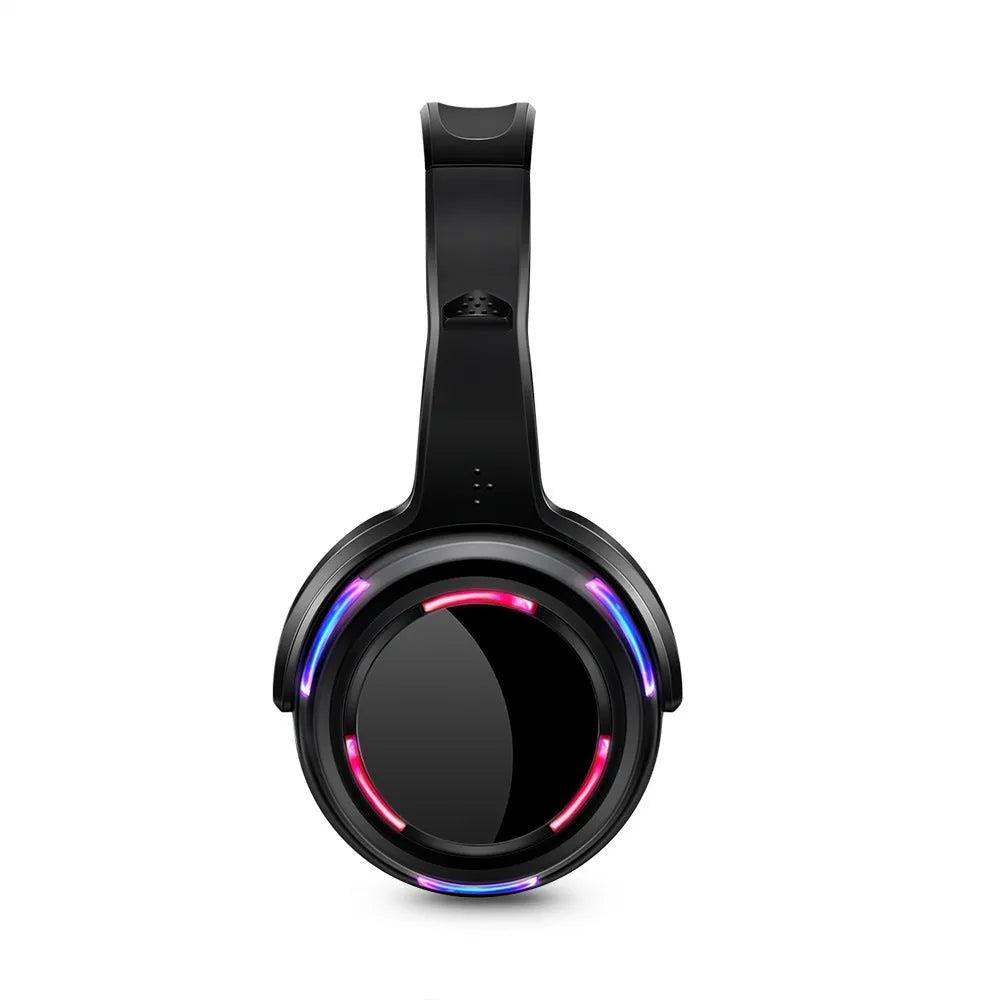 Black silent disco wireless headphones with a head-mounted design and a 3.5mm connection cable.