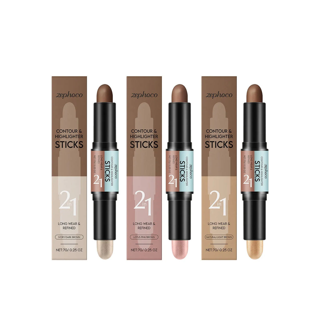 2-in-1 outline highlighter and highlight repair pen for eyebrows, shown in three brown shades.