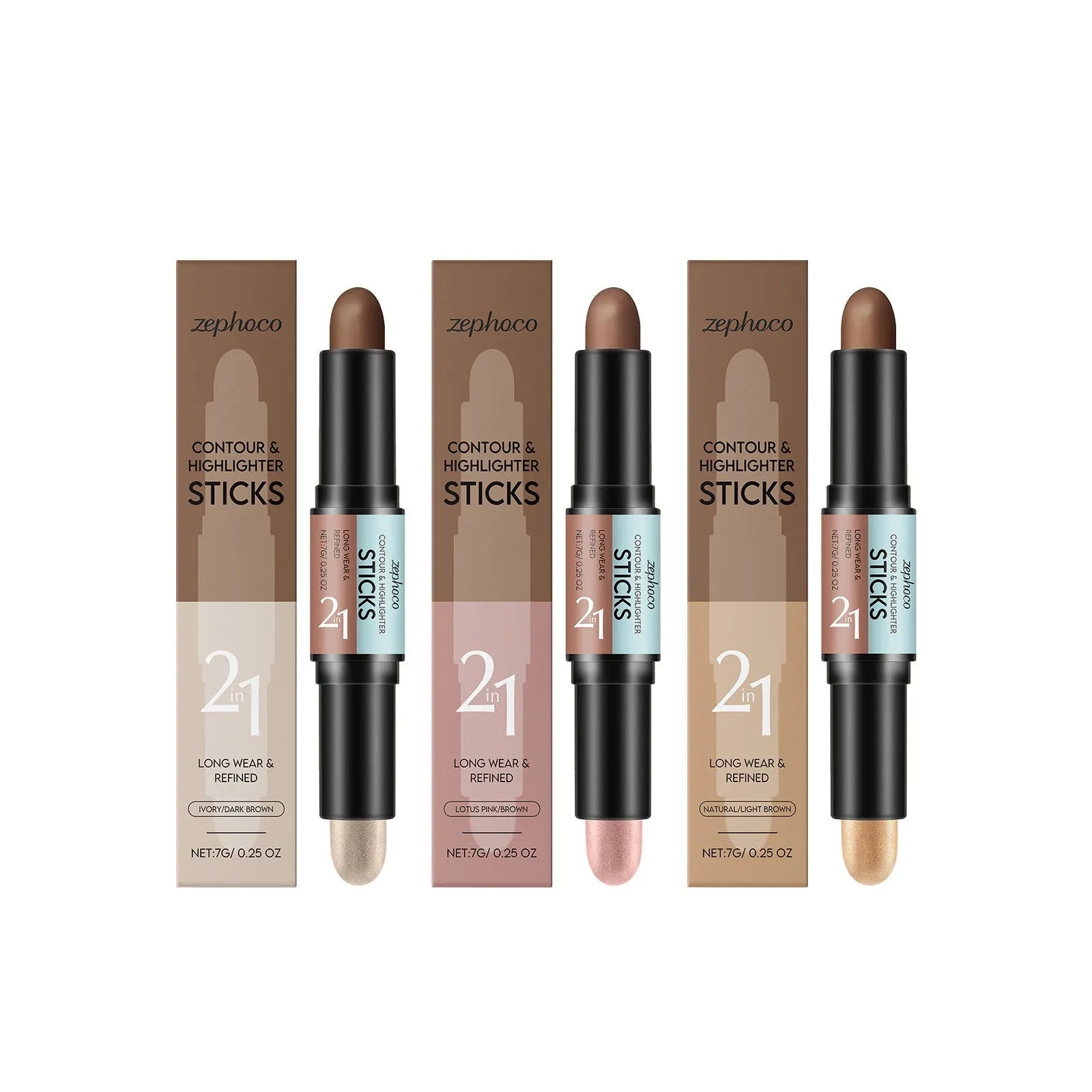 2-in-1 outline highlighter and highlight repair pen for eyebrows, shown in three brown shades.