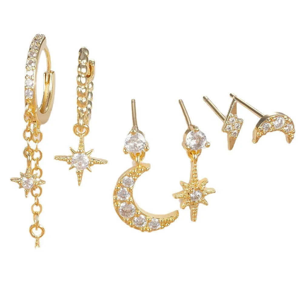 Six gold-plated zircon stud earrings with chain and tassel pendant designs for women