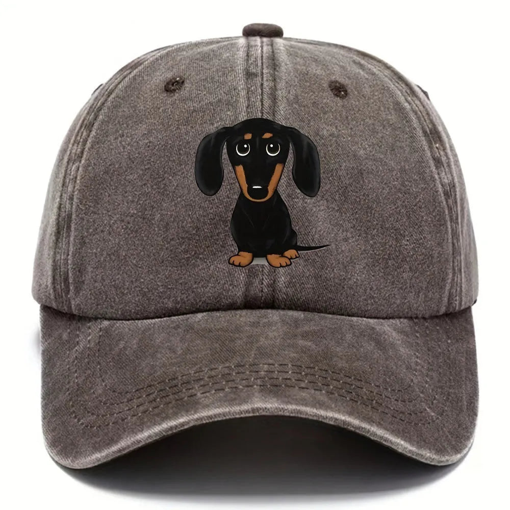 Retro washed baseball cap with printed Dachshund design in dome crown style