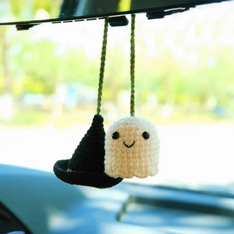 Plush hand-woven car hanging ornament in a cartoon design made from polyester