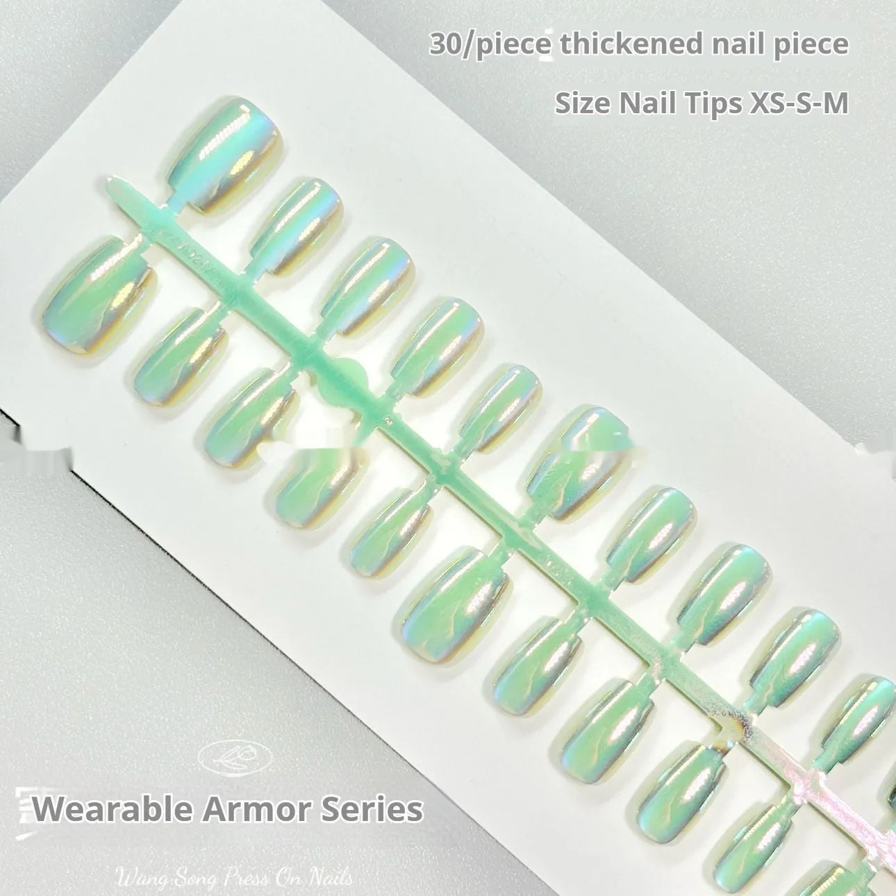 Set of electroplated Cat's Eye false nails in Aurora style showing short ladder shapes in XS, S, and M sizes.
