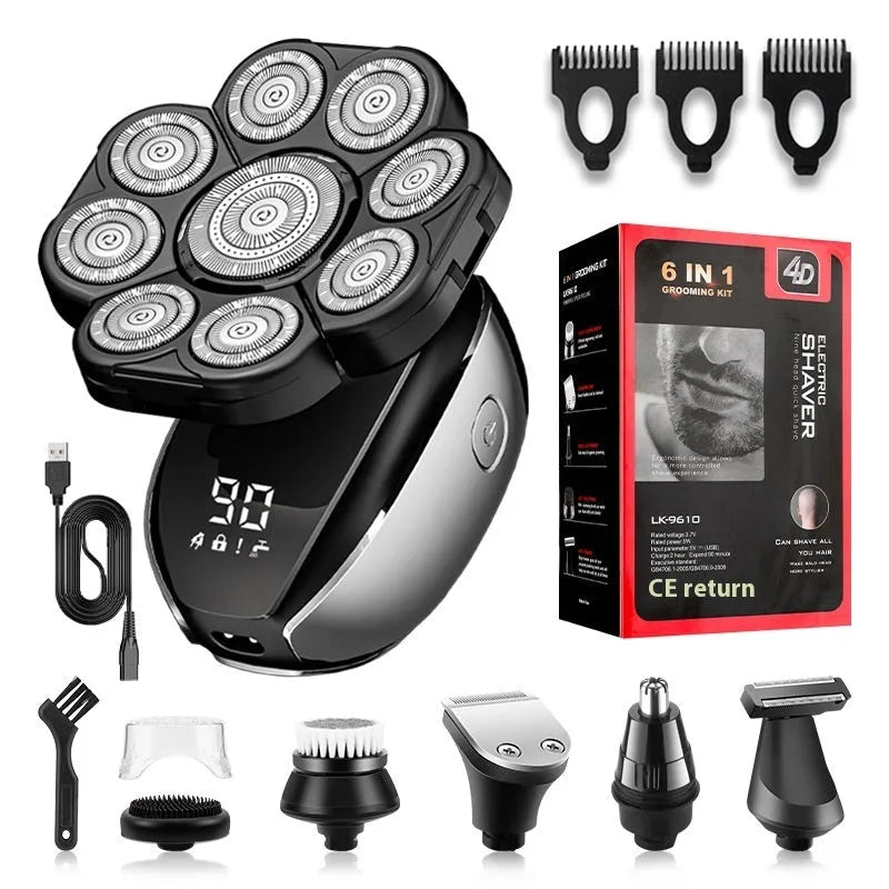 Black rechargeable 6-in-1 hair clipper and shaver kit with multiple attachments laid out.