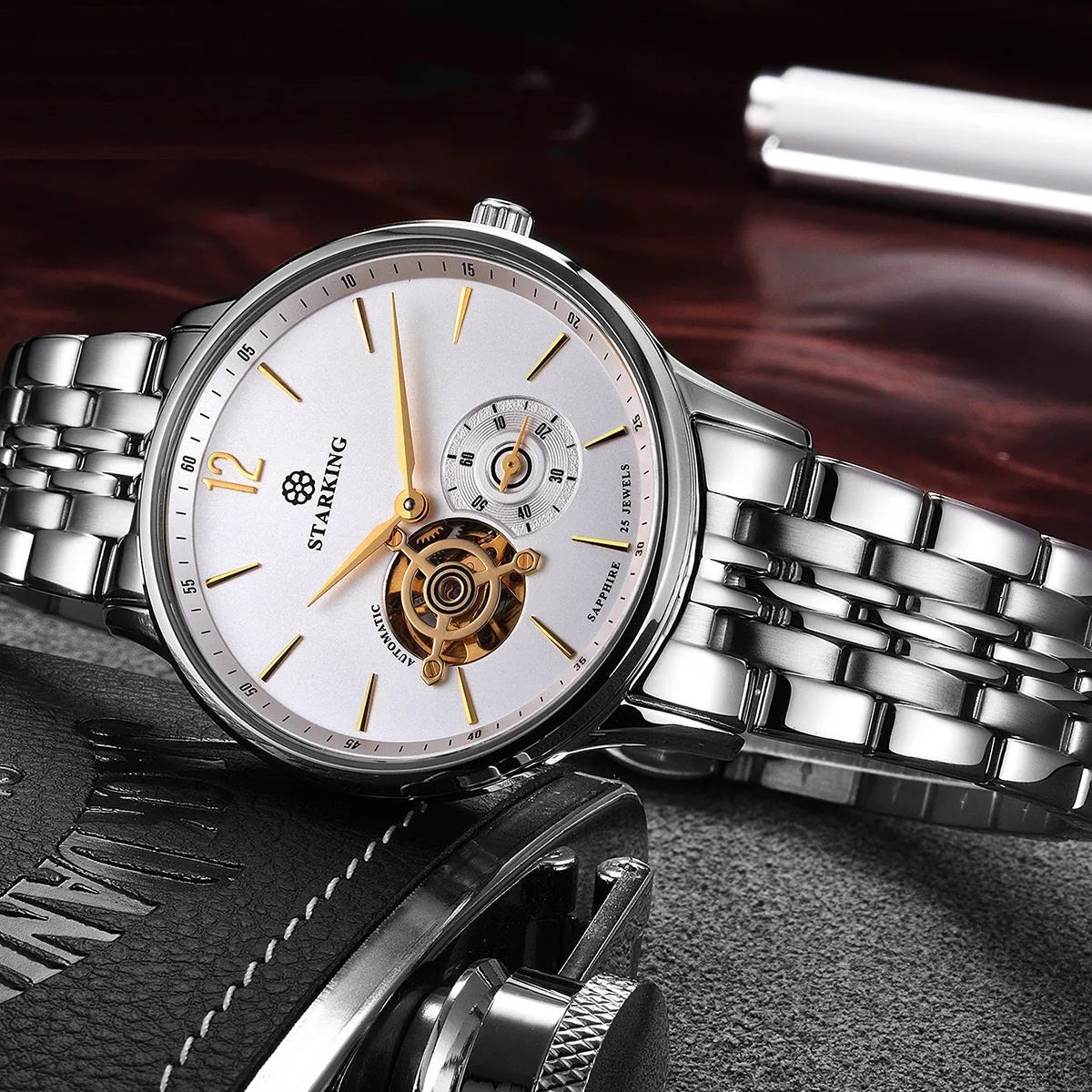 Automatic mechanical men's business watch with brown leather strap and white dial