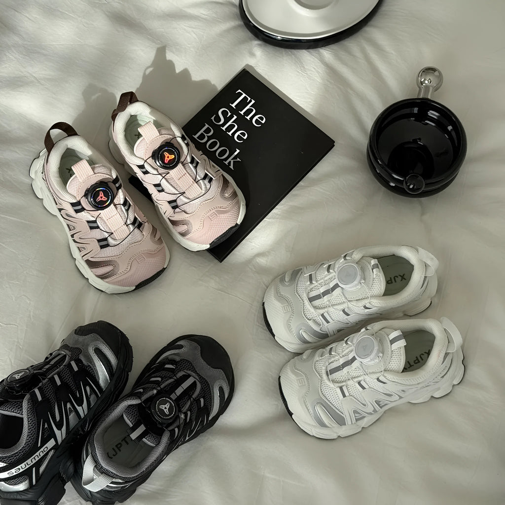 Solid colour casual shoes with breathable PU leather mesh upper, shown in beige, black, and pink.