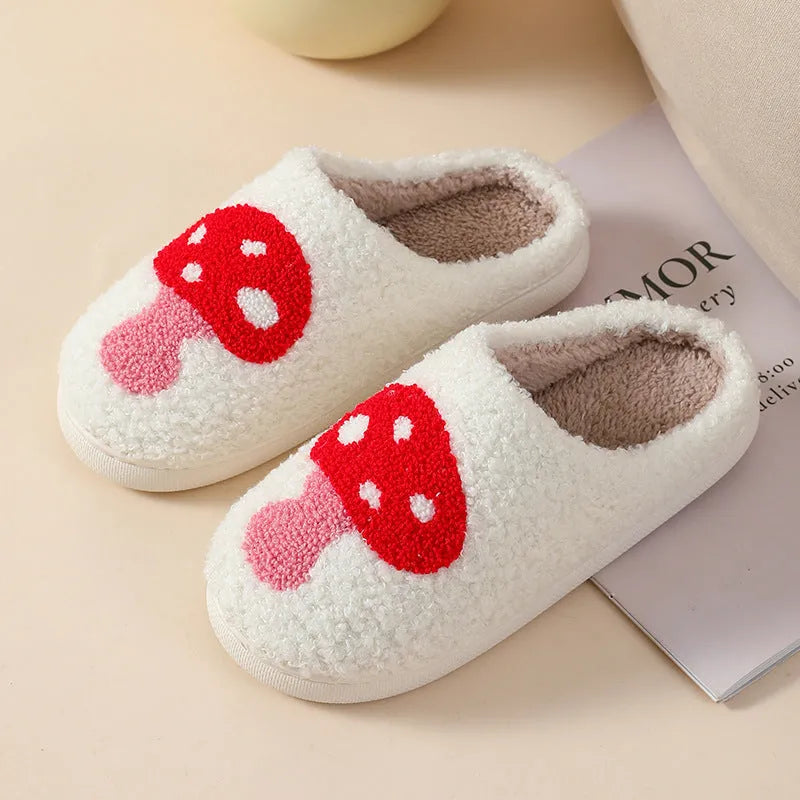 Plush home slippers with cartoon designs and non-slip PVC soles in adult female sizes