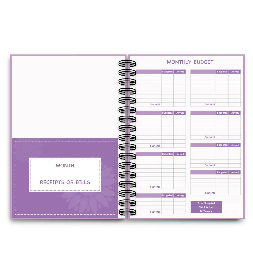 Purple coil-bound budget notebook with daolin paper pages, pen, stickers, and paper clips for financial planning