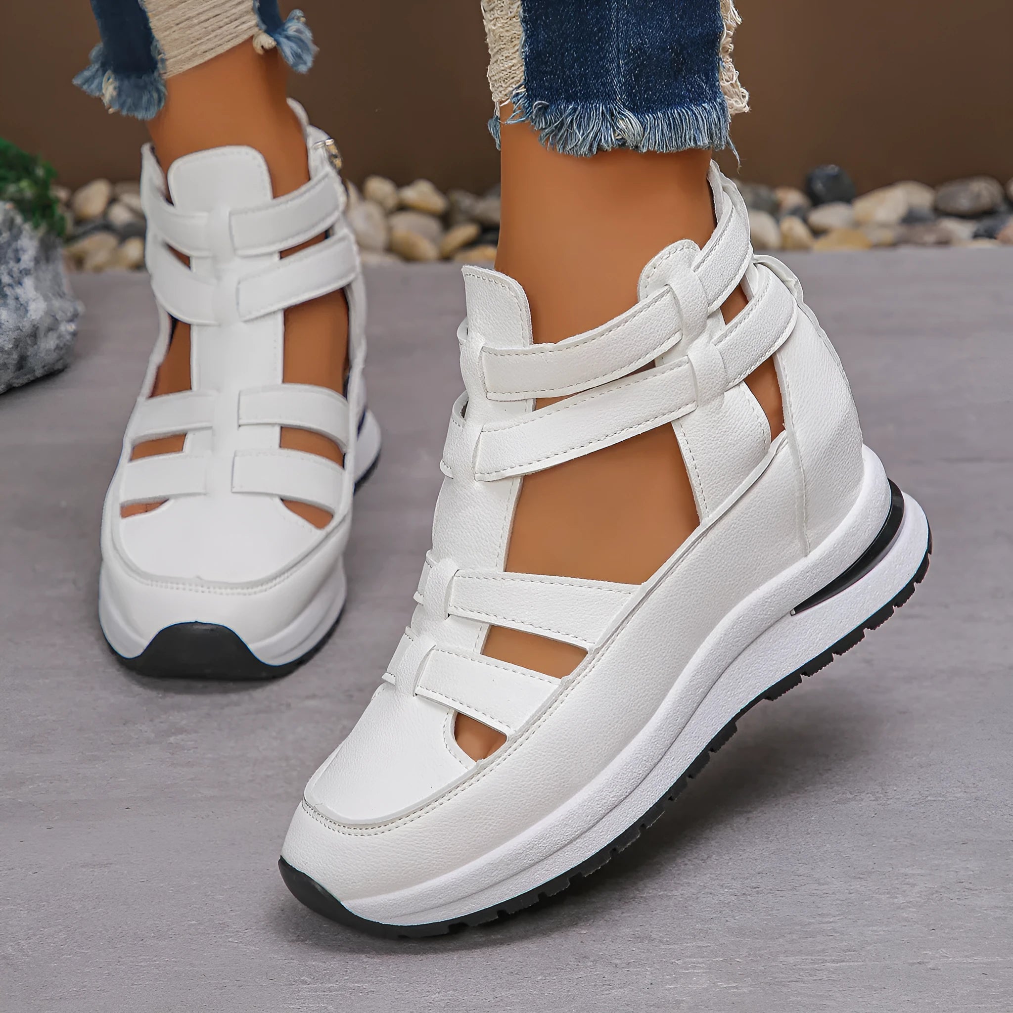 Women's black platform sandals with hollow-out design and Velcro fastening