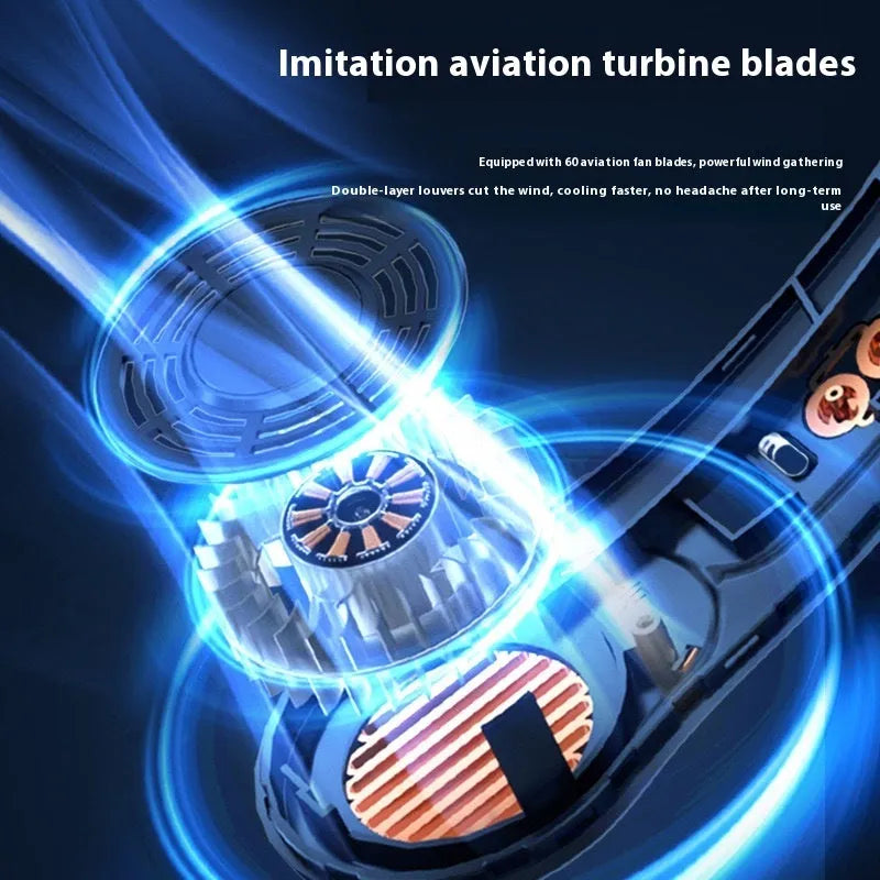 Blue leafless halter fan with digital display worn around neck showing five-speed interface