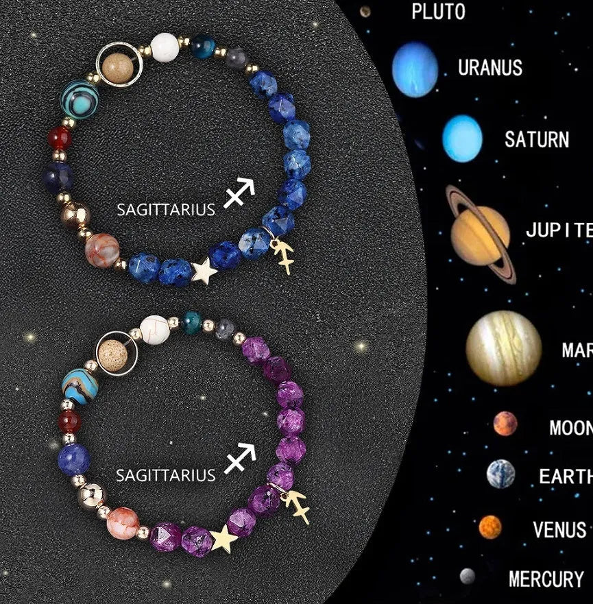Set of twelve natural stone beaded bracelets, each representing a different zodiac sign with celestial charms.