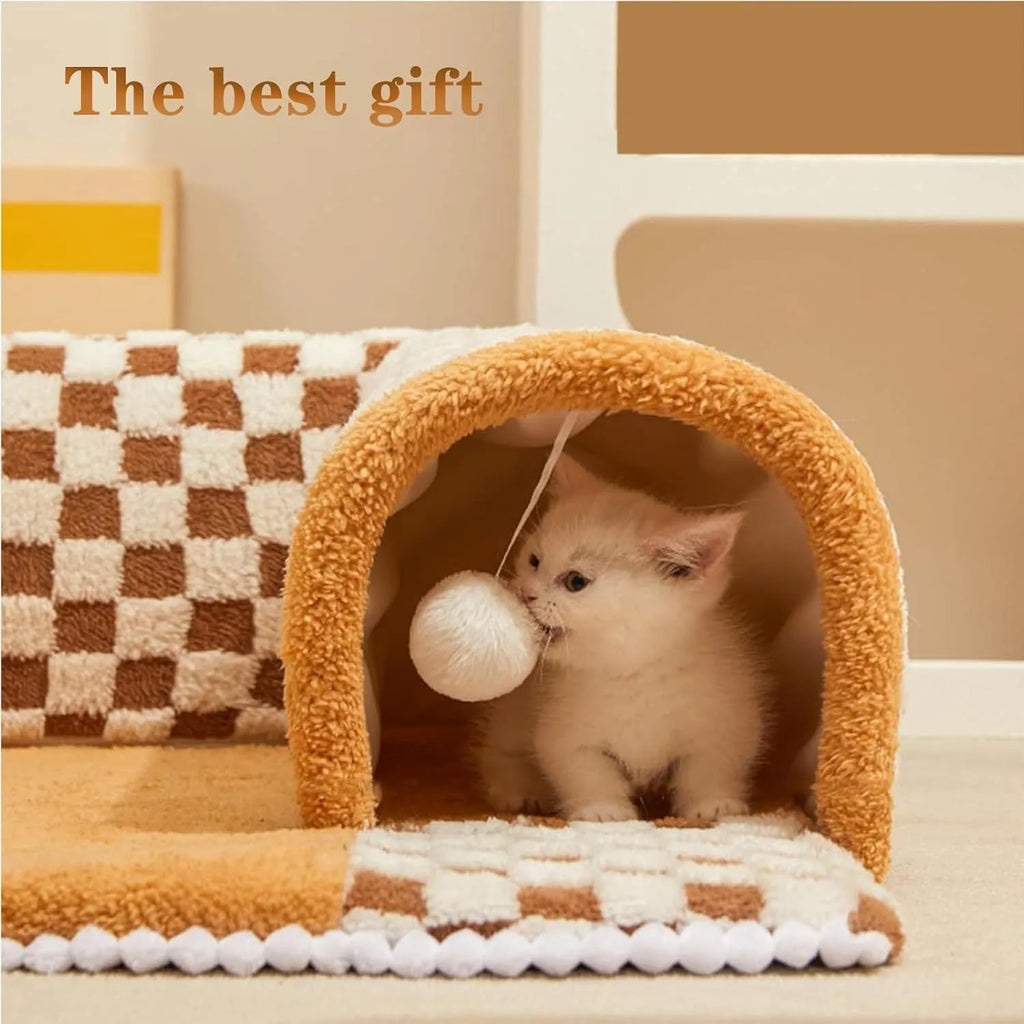 Brown plush plaid cat tunnel bed with central mat for indoor cats