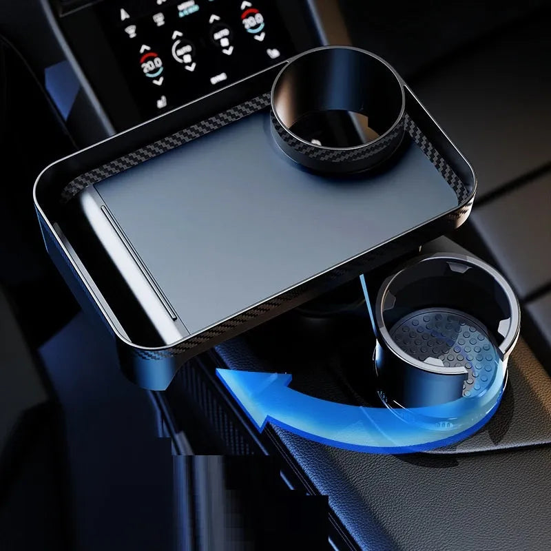 Black ABS plastic car-mounted rotating dinner tray holder installed in vehicle cup holder