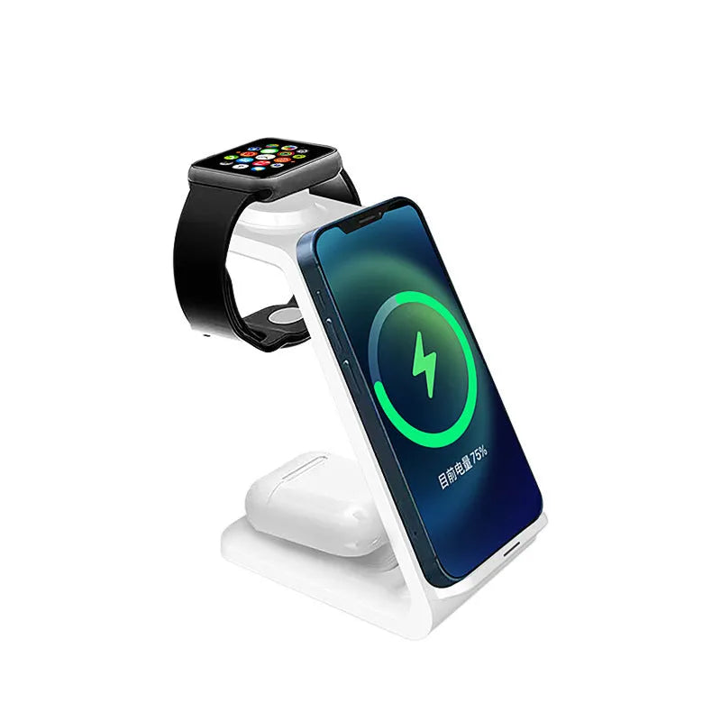 White upright wireless phone charger with dual-coil charging surface and QC3.0 fast charging support