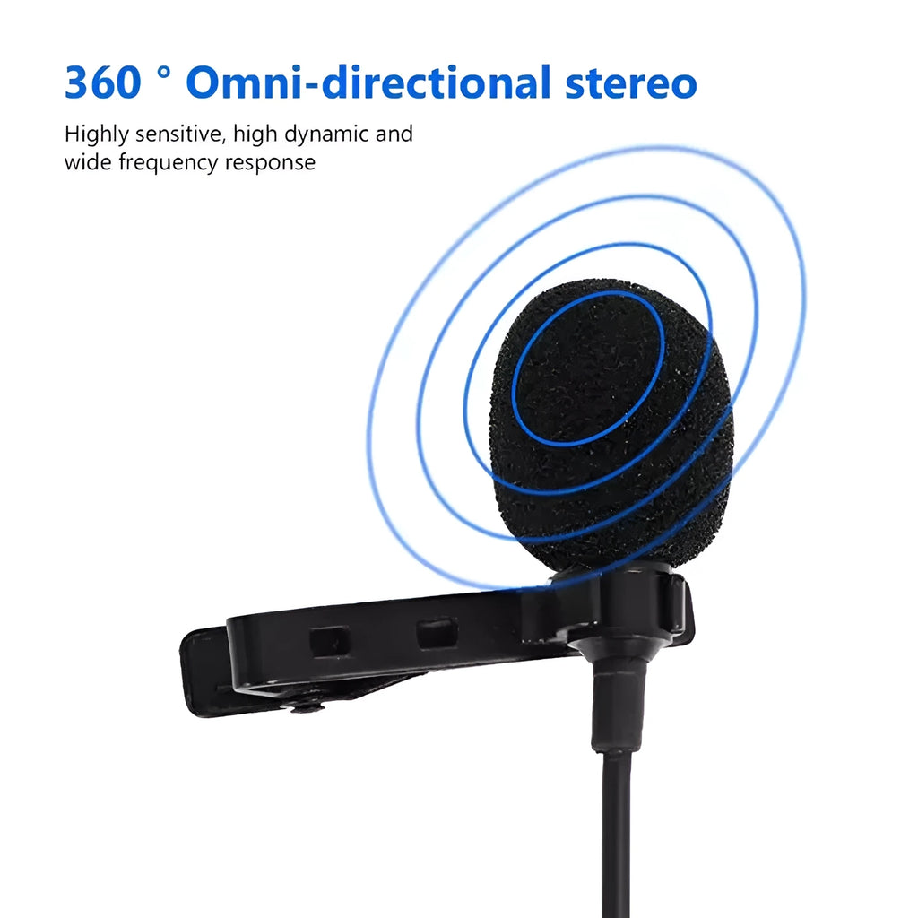 Black lavalier clip microphone with in-ear headphones connected to 3.5mm plug for Apple iPhone