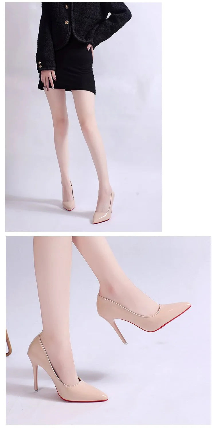 Women's solid colour pointed toe stiletto heel pumps with shallow mouth design and rubber sole