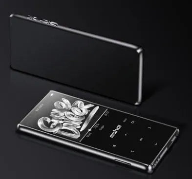 Portable sports MP3 player with 2.4-inch touchscreen showing music interface, available in black, blue, red, or silver