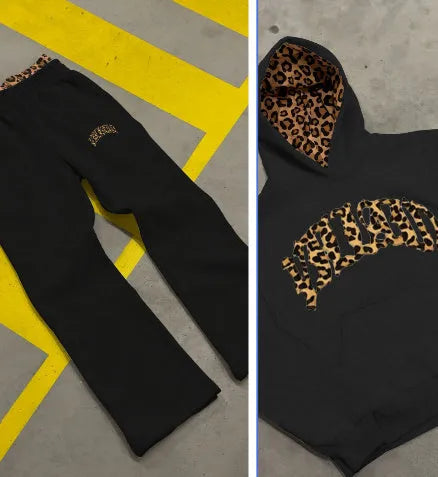 Leopard print letter embroidery street casual trousers hoodie set polyester three-piece suit black light gray