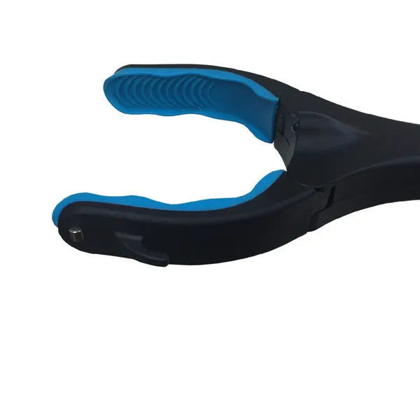 Blue foldable portable aluminium microphone stand with a stainless steel base, shown collapsed and extended.