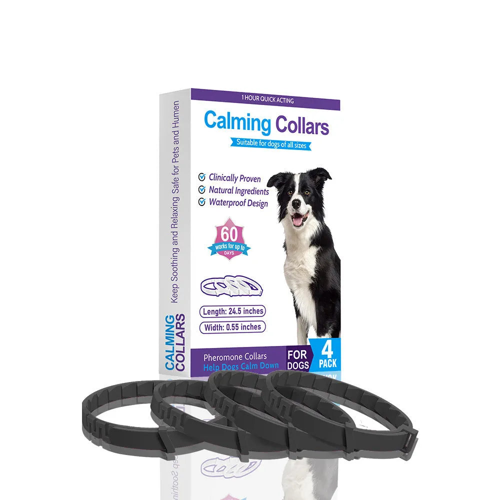 Four dog anxiety relief collars in different colours with adjustable 62cm TPR construction