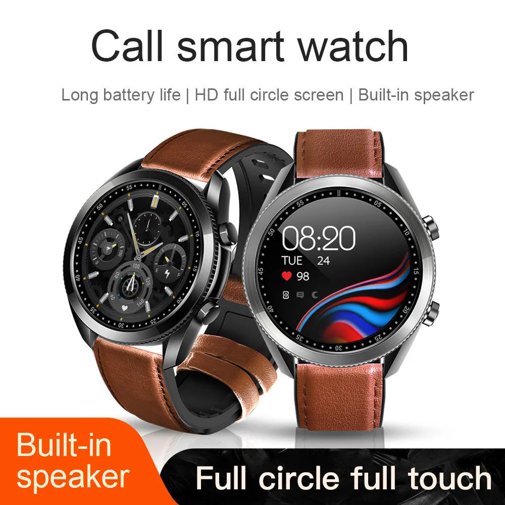 UM90 black smart watch with leather strap showing fitness stats on its 1.28-inch screen.