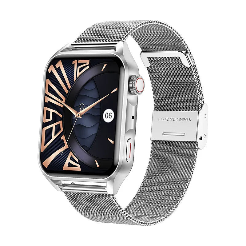 AMOLED NFC smart watch with 1.8 inch display in black colour showing multiple watch faces and magnetic charger
