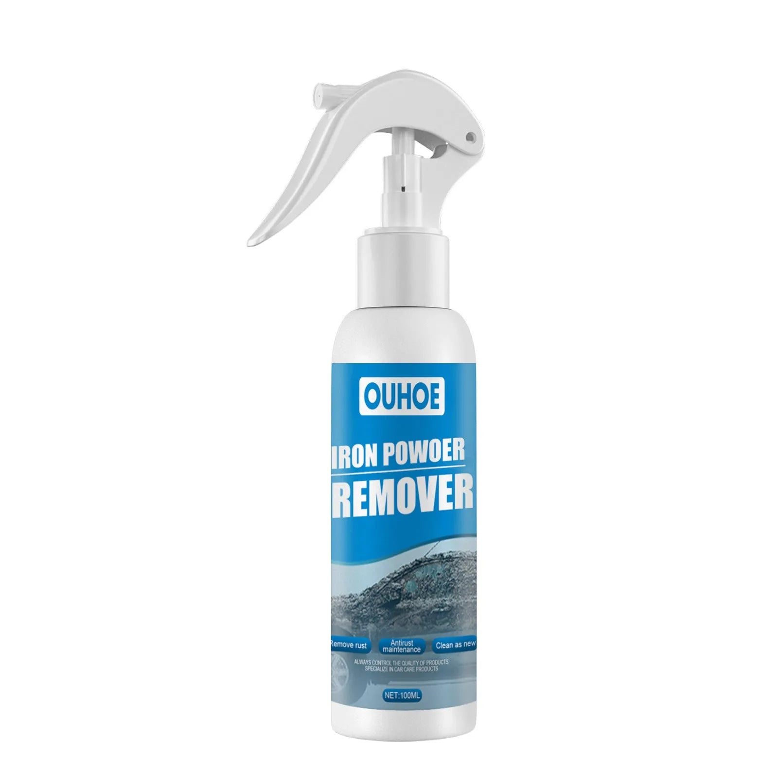 Automotive rust remover spray bottle with blue square sponge applicator for car rust treatment