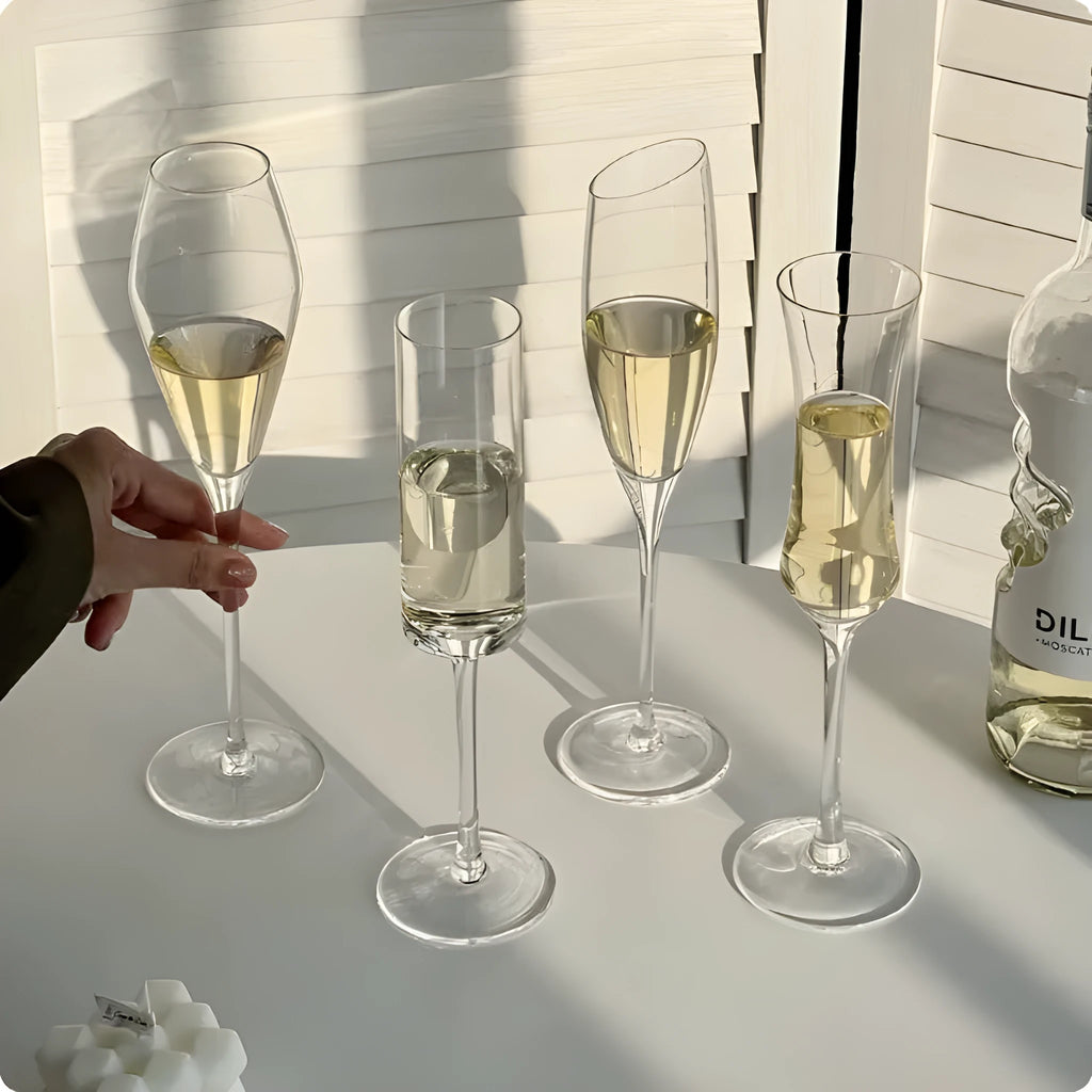 French champagne goblet glasses in crystal clear glass with multiple style options