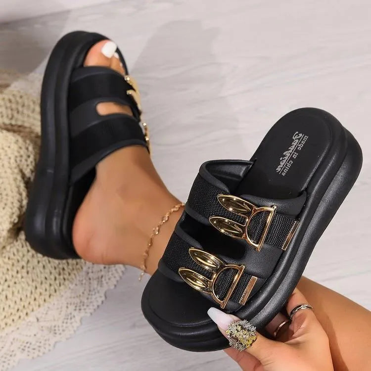 Women's suede slippers with thick rubber soles in apricot, black, and off white colours
