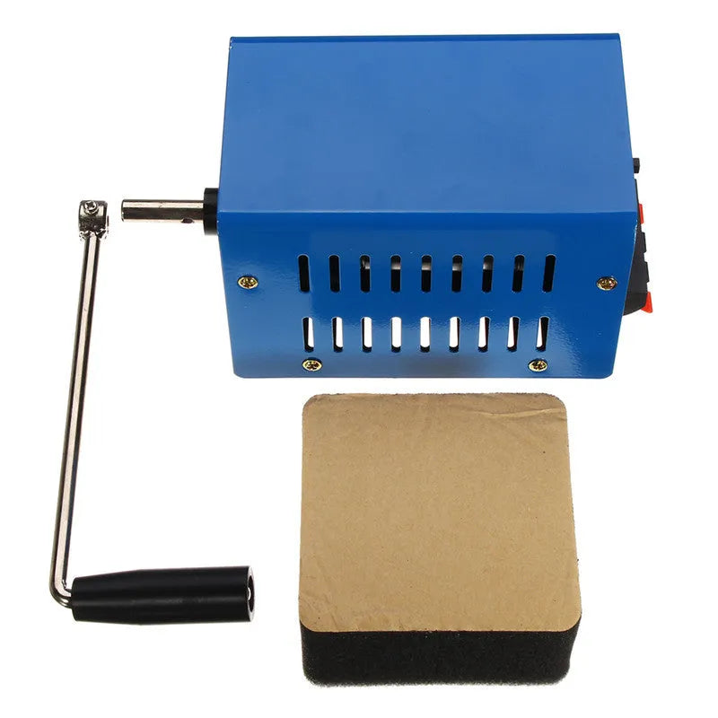 Blue metal hand crank USB power generator with anti-slip pads, dimensions 125mm x 80mm x 85mm.